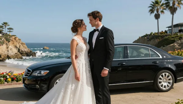 A bride and groom in formal wedding attire standing beside a black sedan on a coastal road.