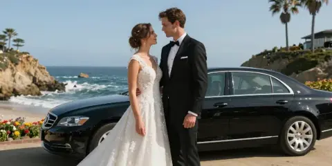 A bride and groom in formal wedding attire standing beside a black sedan on a coastal road.