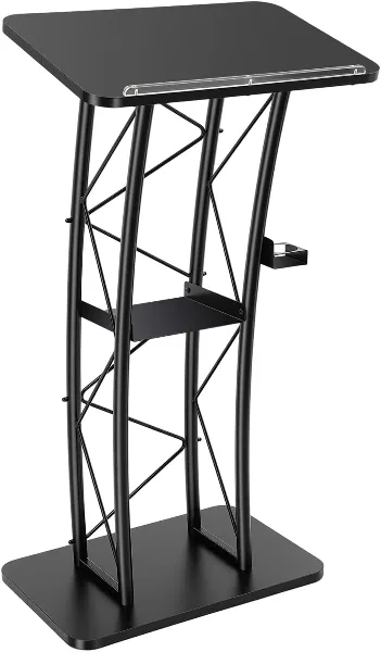Black metal bar-height table with a square top and lower shelf