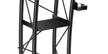 Black metal bar-height table with a square top and lower shelf