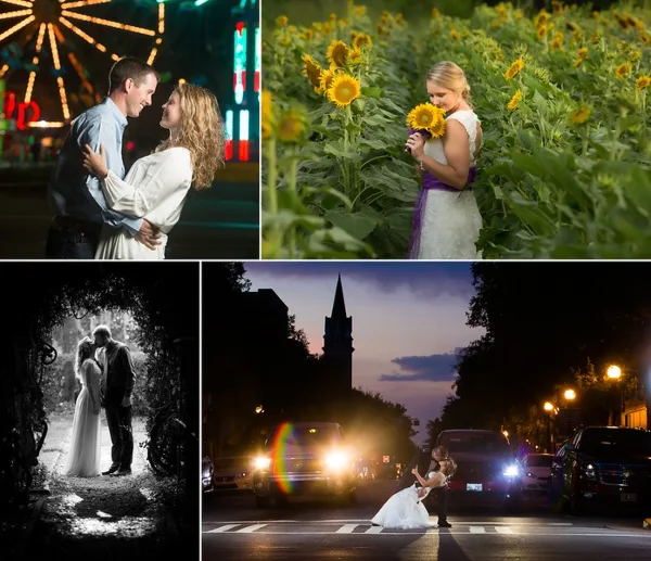 A collage of four wedding and portrait photographs featuring couples in various settings including a sunflower field, a nighttime city street, and a black-and-white portrait.