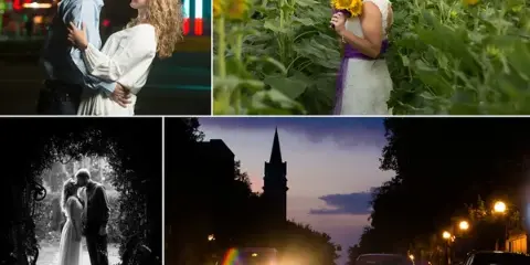 A collage of four wedding and portrait photographs featuring couples in various settings including a sunflower field, a nighttime city street, and a black-and-white portrait.