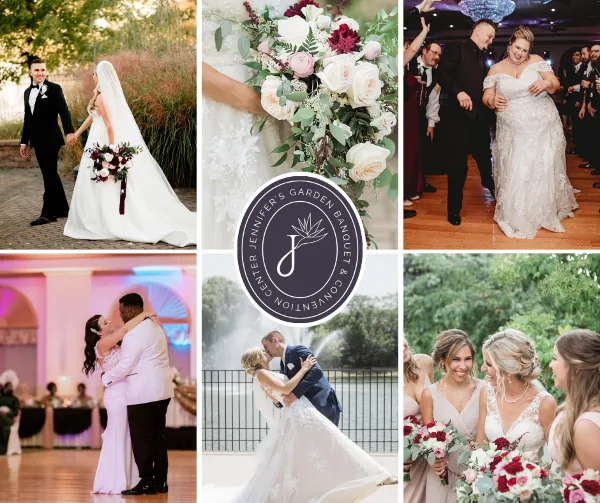 A collage of wedding photos featuring couples, floral bouquets, and event settings at a wedding venue.