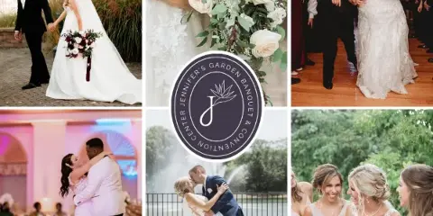 A collage of wedding photos featuring couples, floral bouquets, and event settings at a wedding venue.