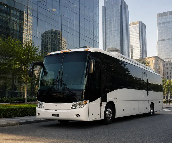 A white and black motorcoach bus parked on a city street in front of modern glass buildings.