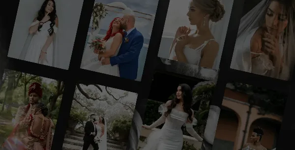 A collage of professional wedding photographs featuring various couples in formal attire and outdoor settings.