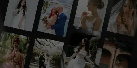 A collage of professional wedding photographs featuring various couples in formal attire and outdoor settings.