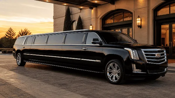 A black stretch limousine parked at the entrance of an elegant venue at dusk.
