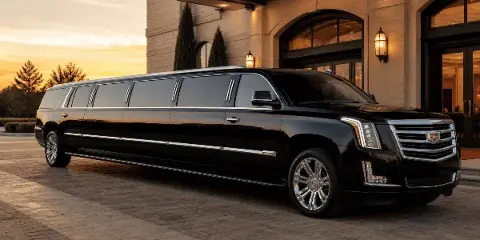 A black stretch limousine parked at the entrance of an elegant venue at dusk.