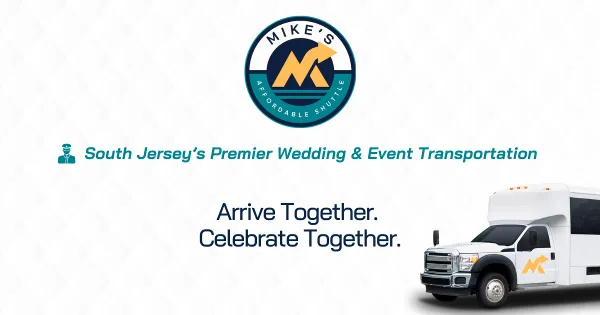A white shuttle bus with the Mike's Affordable Shuttle logo parked next to the company's logo and tagline.