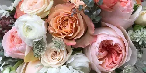 A close-up photograph of a fresh flower bouquet containing peach, pink, and white roses with greenery.