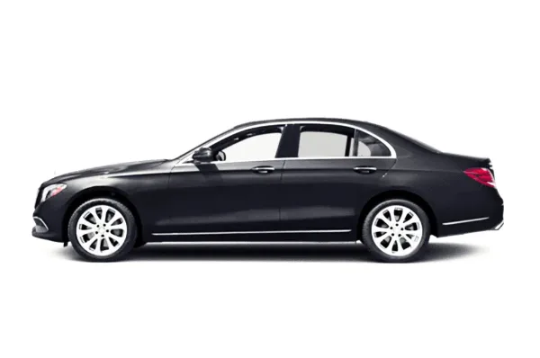 A black Mercedes-Benz E-Class sedan shown in profile view against a white background.