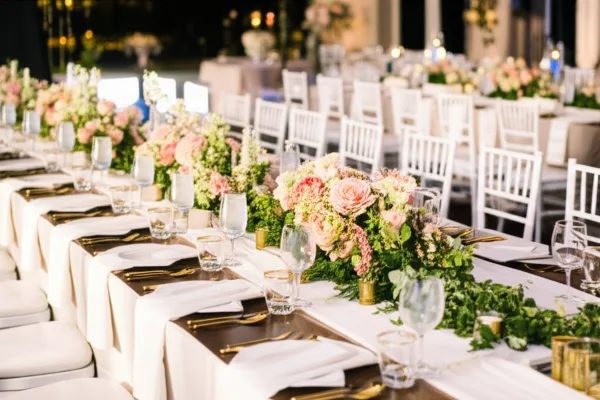 Wedding reception tables set with white chiavari chairs, floral centerpieces, and glassware.