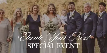 A wedding party including the bride, groom, and family members posing outdoors with a text overlay reading 'Elevate Your Next SPECIAL EVENT'.