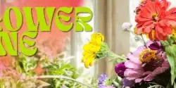 A colorful floral arrangement featuring pink and red zinnias, a yellow sunflower, and green foliage.
