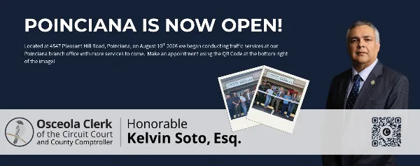 Promotional banner announcing the opening of the Poinciana office, featuring photos of the building exterior and a ribbon-cutting ceremony.