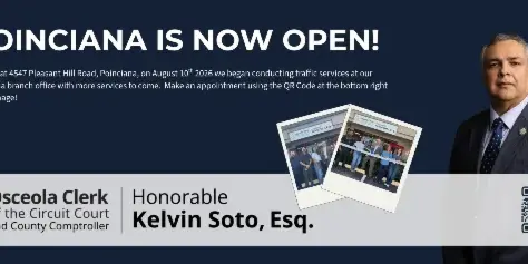 Promotional banner announcing the opening of the Poinciana office, featuring photos of the building exterior and a ribbon-cutting ceremony.
