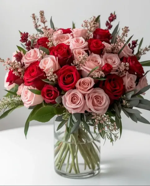 A floral arrangement of red and pink roses with greenery in a clear glass vase.