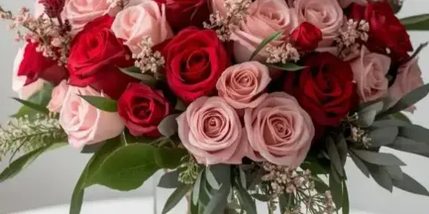 A floral arrangement of red and pink roses with greenery in a clear glass vase.