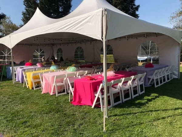A large white event tent set up on a grassy lawn, containing rows of white folding chairs and tables covered in pink, yellow, and purple linens.