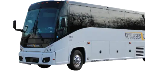 A white Kobussen Buses Ltd. charter bus parked outdoors.