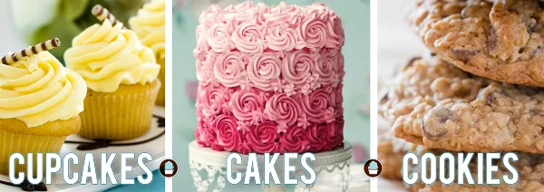 A collage showing yellow frosted cupcakes, a pink rose-patterned cake, and chocolate chip cookies.