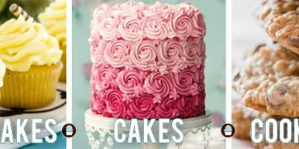 A collage showing yellow frosted cupcakes, a pink rose-patterned cake, and chocolate chip cookies.