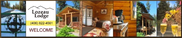 A collage showing the exterior of a log cabin, an interior bedroom with a bed, a kitchen counter with a coffee maker, and a patio area with drinks.