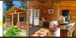 A collage showing the exterior of a log cabin, an interior bedroom with a bed, a kitchen counter with a coffee maker, and a patio area with drinks.