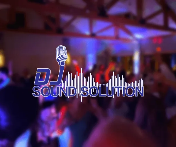 A crowded event venue with blue and red lighting and a dancing crowd, overlaid with the DJ Sound Solution logo.