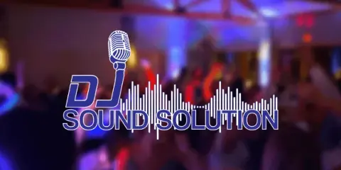 A crowded event venue with blue and red lighting and a dancing crowd, overlaid with the DJ Sound Solution logo.