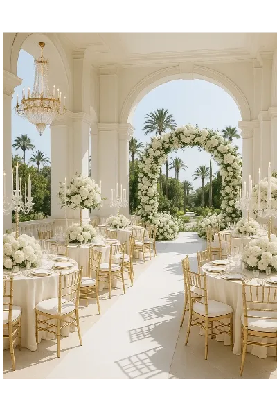 An elegant outdoor wedding venue with white floral arches, gold chiavari chairs, and a crystal chandelier.