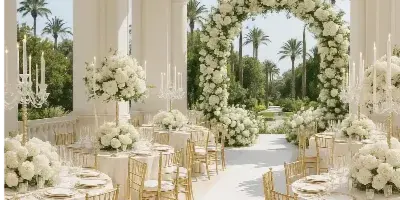 An elegant outdoor wedding venue with white floral arches, gold chiavari chairs, and a crystal chandelier.