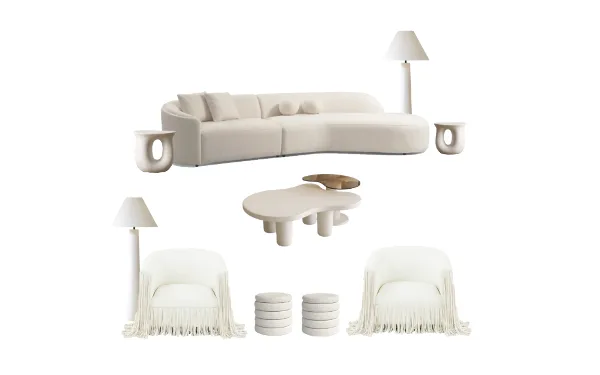 Neutral-toned event lounge furniture package featuring a curved sectional sofa, sculptural coffee table, fringe lounge chairs, floor lamps, and accent stools on a white background.