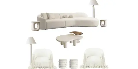 Neutral-toned event lounge furniture package featuring a curved sectional sofa, sculptural coffee table, fringe lounge chairs, floor lamps, and accent stools on a white background.