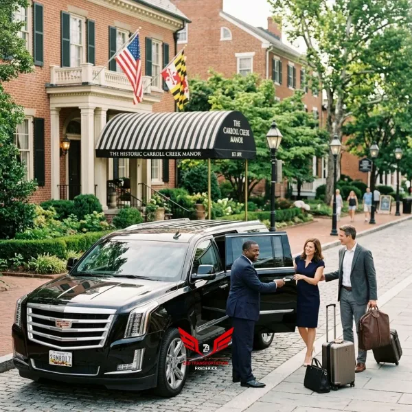 A professional chauffeur in a suit opens the door of a black SUV for a couple with luggage outside a brick building.