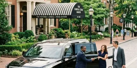 A professional chauffeur in a suit opens the door of a black SUV for a couple with luggage outside a brick building.