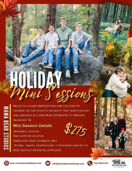 A promotional flyer for Mama Bear Studios featuring a collage of family and portrait photography samples.