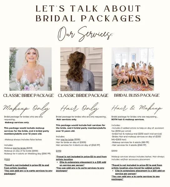 A service pricing page showing three bridal packages with photos of a bride and a bridal party, detailing hair and makeup services.