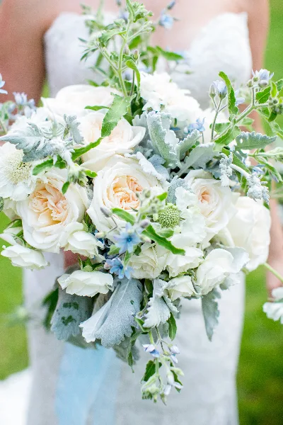 A close-up photograph of a wedding bouquet featuring white garden roses, dusty miller, and small blue flowers held by a person in a white dress.