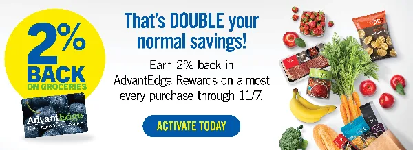 A promotional banner featuring a grocery bag filled with fresh produce, meat, and packaged goods alongside a rewards card.
