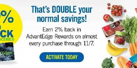 A promotional banner featuring a grocery bag filled with fresh produce, meat, and packaged goods alongside a rewards card.