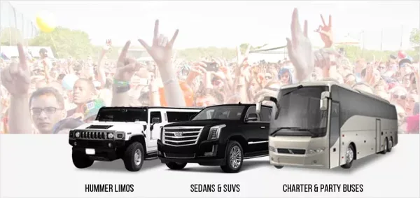 A promotional graphic showing a black Hummer limo, a black sedan, and a white charter bus against a background of a crowd.
