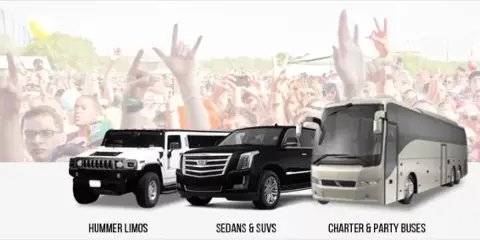 A promotional graphic showing a black Hummer limo, a black sedan, and a white charter bus against a background of a crowd.