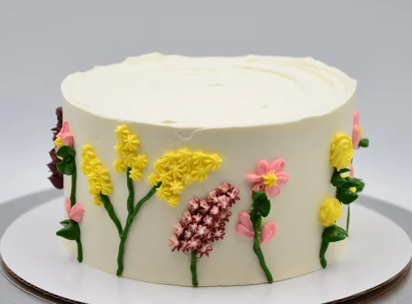 A white frosted cake decorated with yellow, pink, and red piped flowers and green stems.