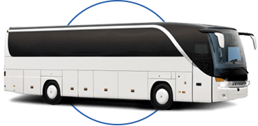 A white full-sized charter bus shown in profile view.