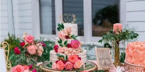 A multi-tiered white wedding cake decorated with pink and red roses, greenery, and a gold heart topper, displayed on a wooden stand.