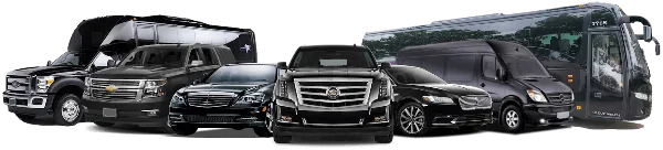 A lineup of black luxury vehicles including sedans, SUVs, and a shuttle bus.