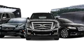 A lineup of black luxury vehicles including sedans, SUVs, and a shuttle bus.
