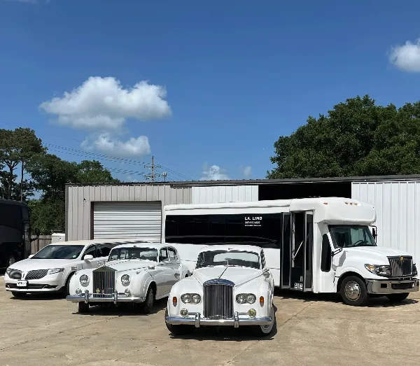 A white party bus and two white vintage wedding cars parked in front of a commercial building.